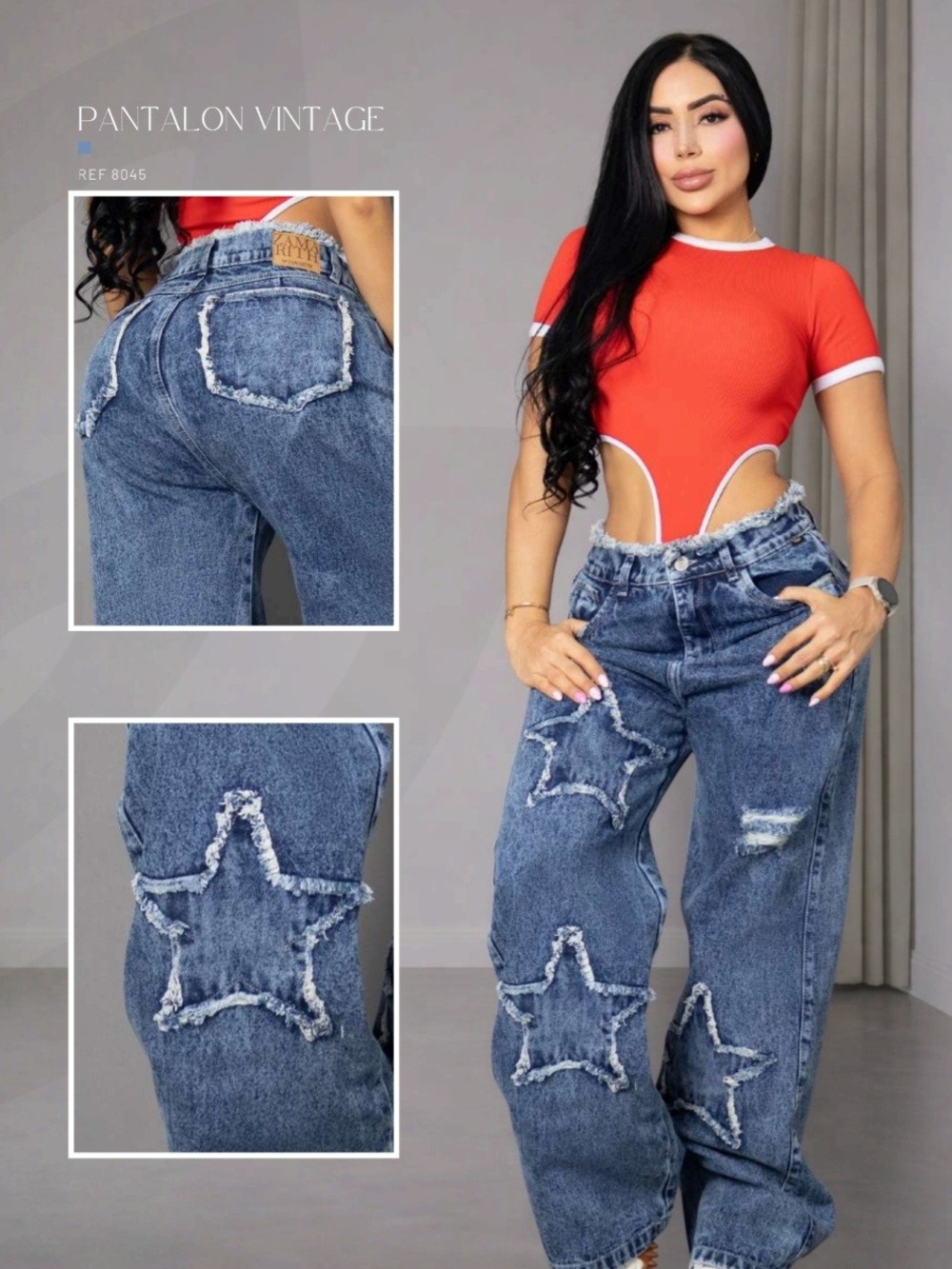 Vintage Star-Accent High-Waist Blue Jeans - Jeans Colombiano